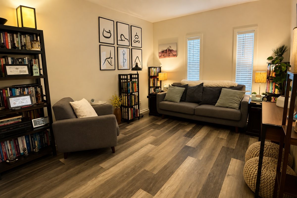 Comfortable seating in Mary’s Claremont therapy office